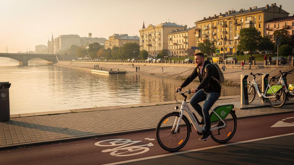 Rider on a rented e-bike along the Podil riverside embankment in Kyiv