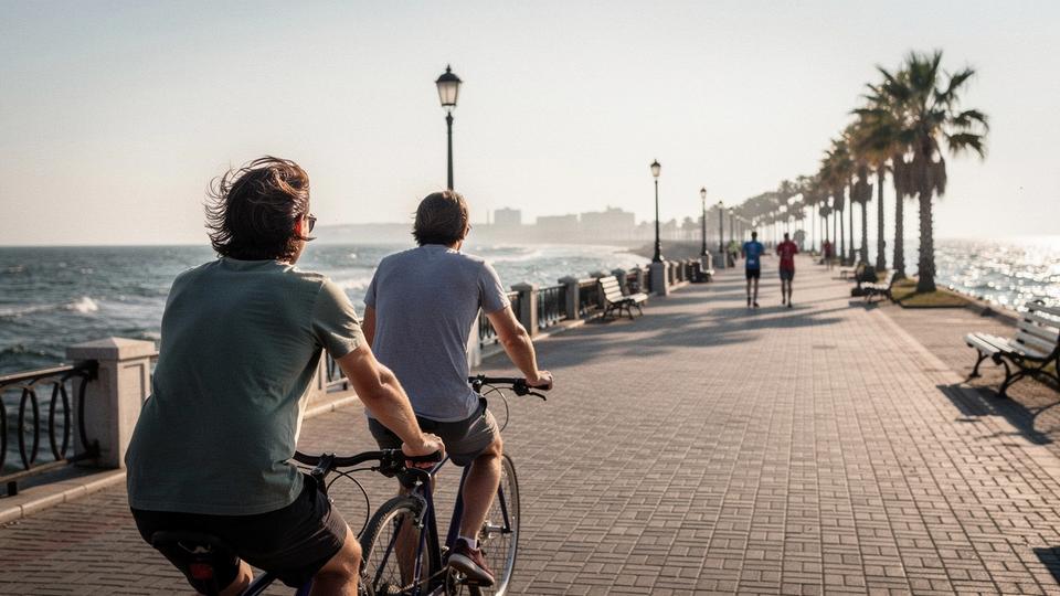 Two cyclists on the seaside path in the Arcadia district of Odesa
