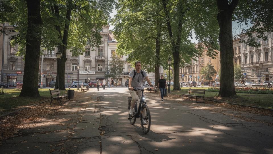 E-bike rider on a tree-lined park lane in central Lviv