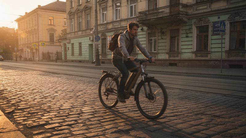 E-bike rider on the cobbled Podil streets of Kyiv at golden hour