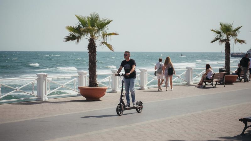 Scooter rolling along the seaside promenade in Odesa Arcadia