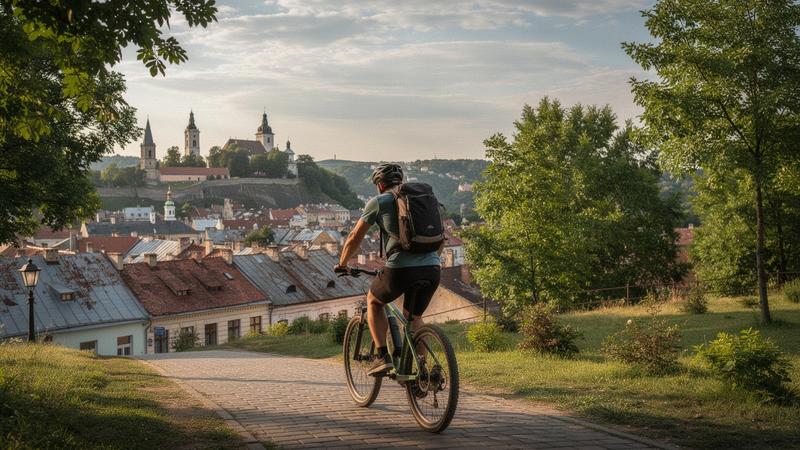 E-bike rider climbing toward Vysokyi Zamok park above the Lviv old town roofs