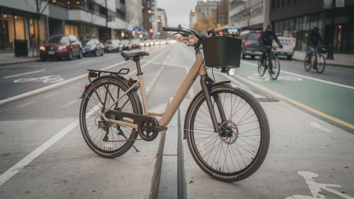 City e-bike with a step-through frame parked beside a protected bike lane