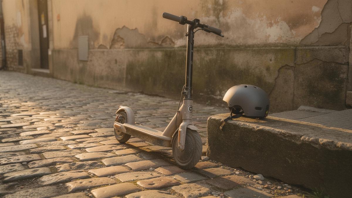 Foldable e-scooter standing on a cobbled street next to a rider helmet