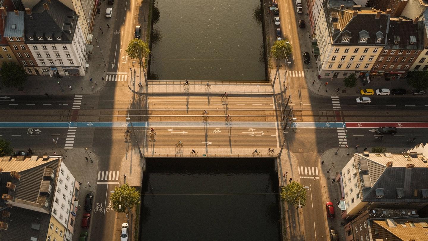 Aerial view of a city street grid at golden hour with a marked e-bike loop