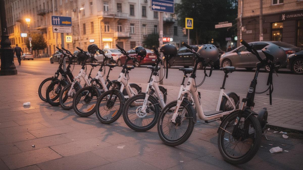 E-bikes and scooters lined up at a rental pickup point on a Kyiv street at dusk.