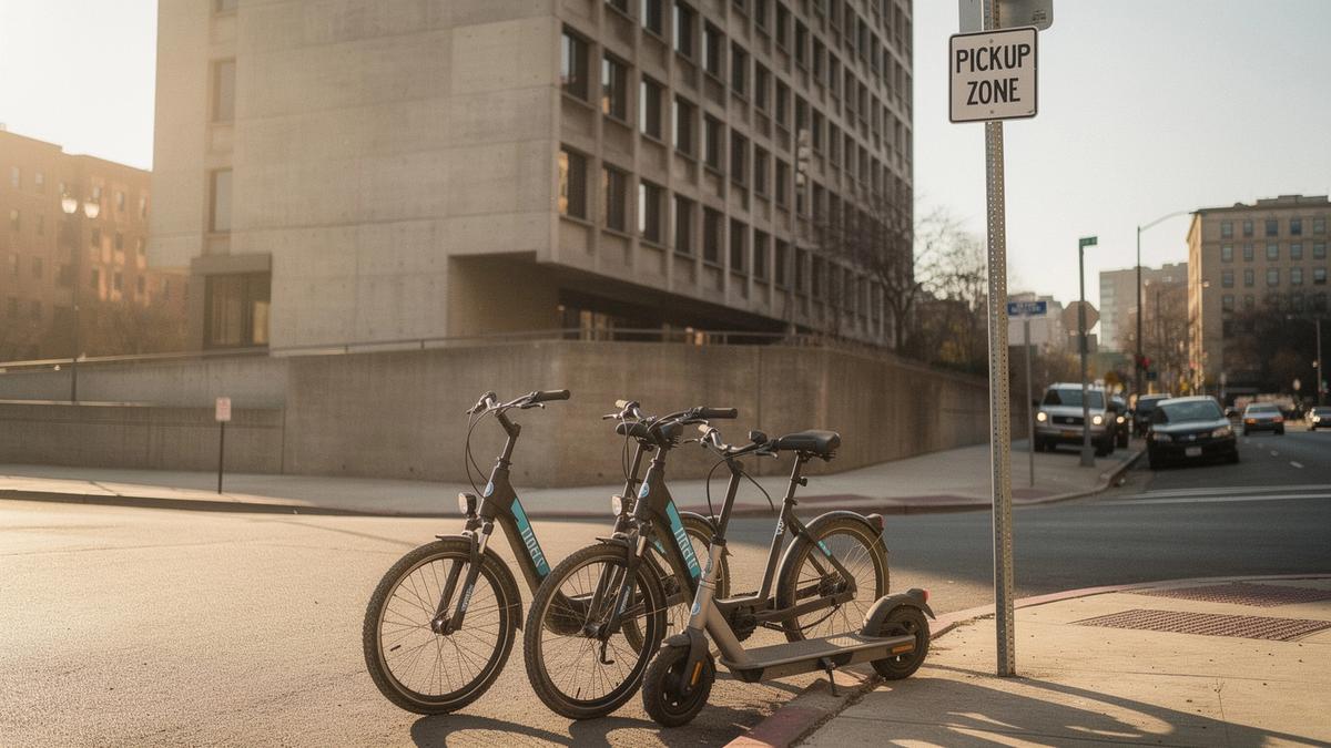 Two city e-bikes and a scooter lined up at a rental pickup point on a Kyiv street