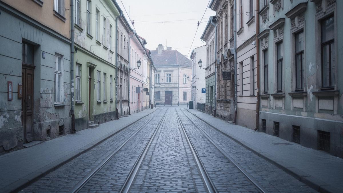 Cobbled street with pastel facades in the old town of Lviv