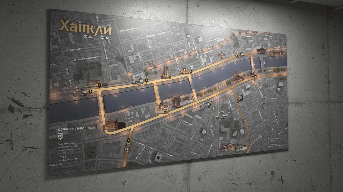 Map of the Podil riverside scooter loop in Kyiv with the highlighted route line