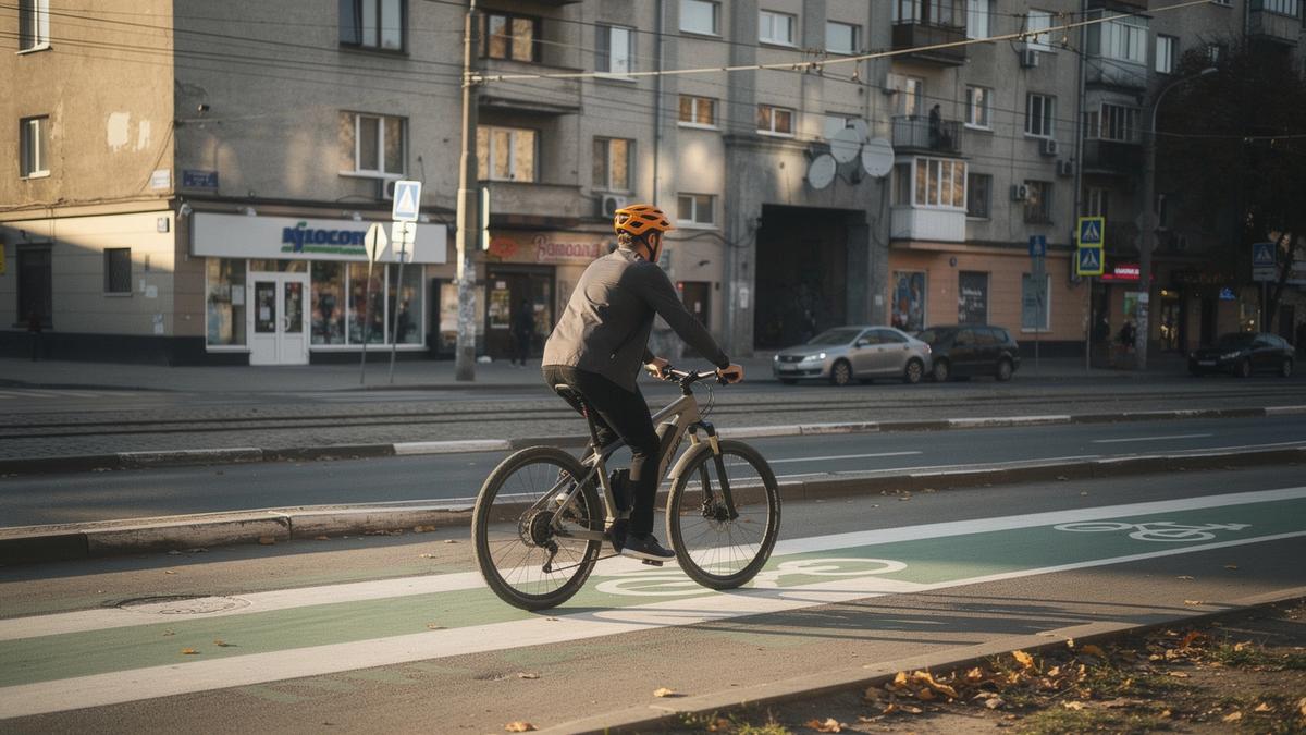 Rider in a helmet on a marked bike lane in central Kyiv