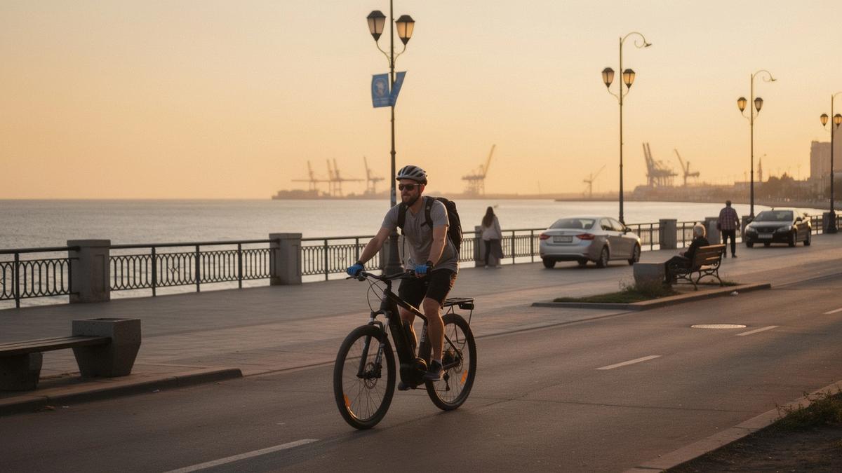 Rider on an e-bike on the Odesa coastal loop in the evening