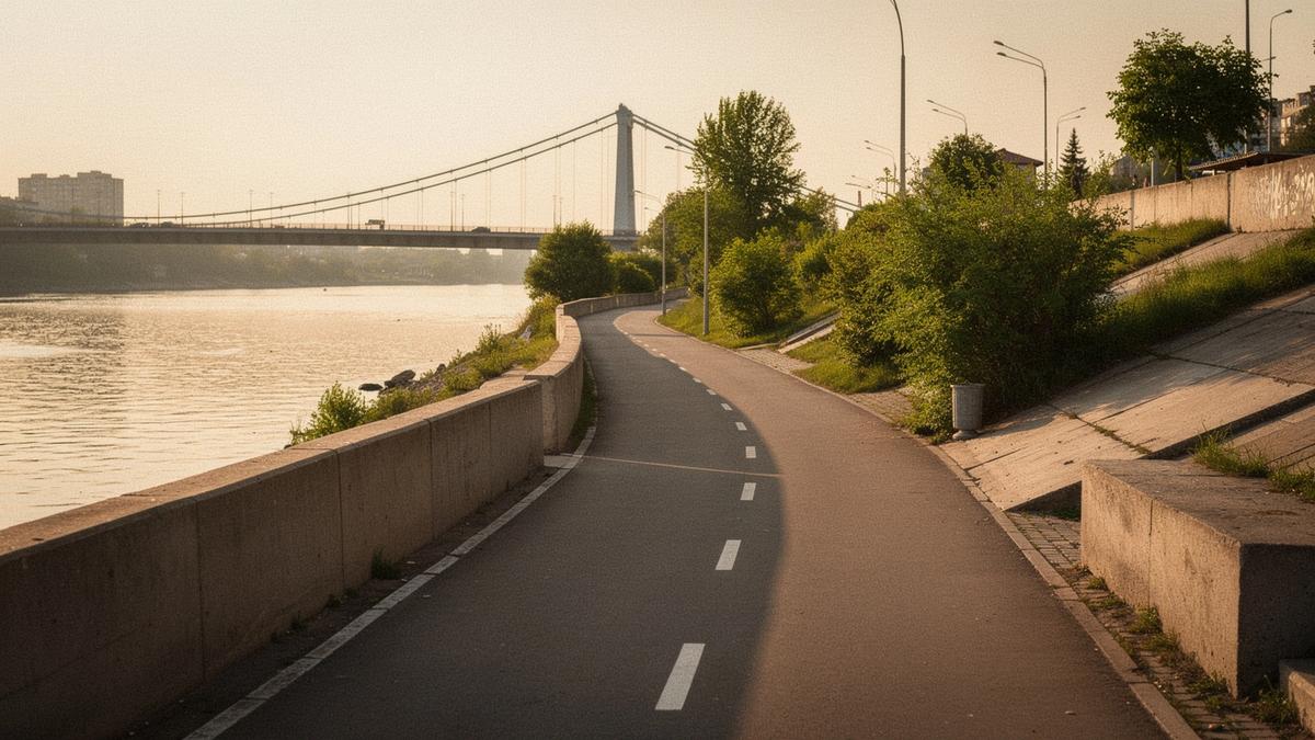 Paved riverside path along the Dnipro embankment in Kyiv