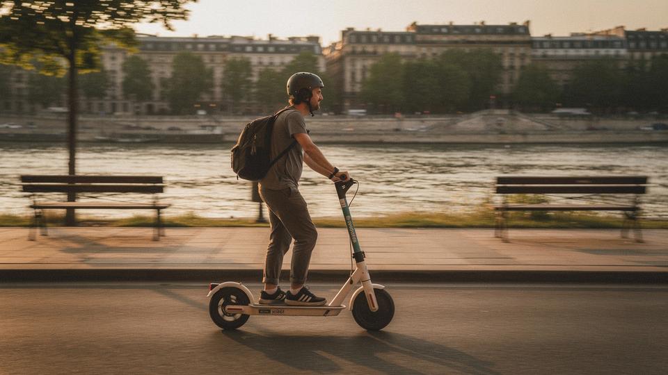 Rider on a rental scooter beside the Dnipro embankment