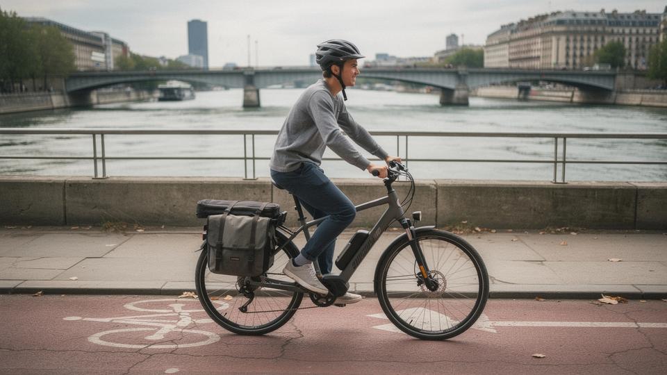 Tourist riding a rental e-bike on a city embankment